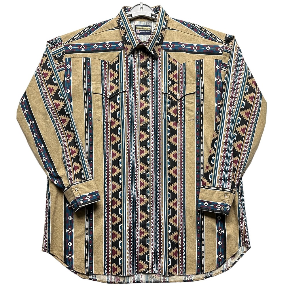 VTG‎ Panhandle Slim Shirt Mens XXL Beige Aztec Stripe Pearl Snap Western Cowboy